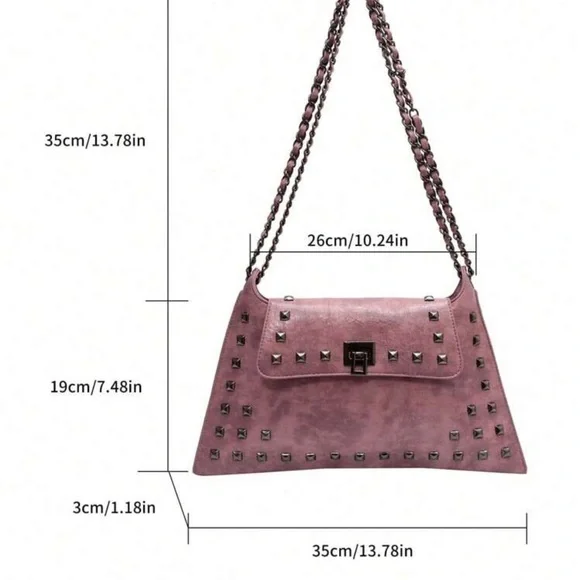 Pink Studded Women's Bag With Lock Closure - Picture 4 of 4
